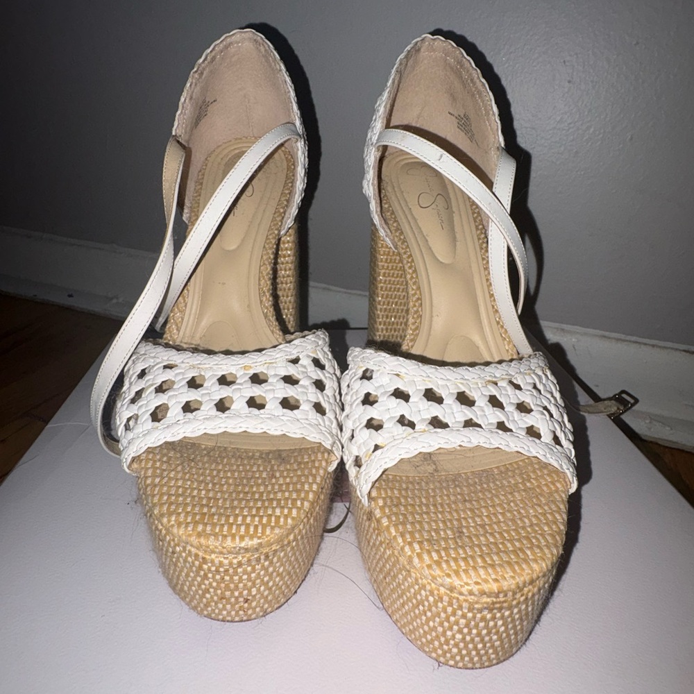 Jessica Simpson White and Tan Platform Sandals